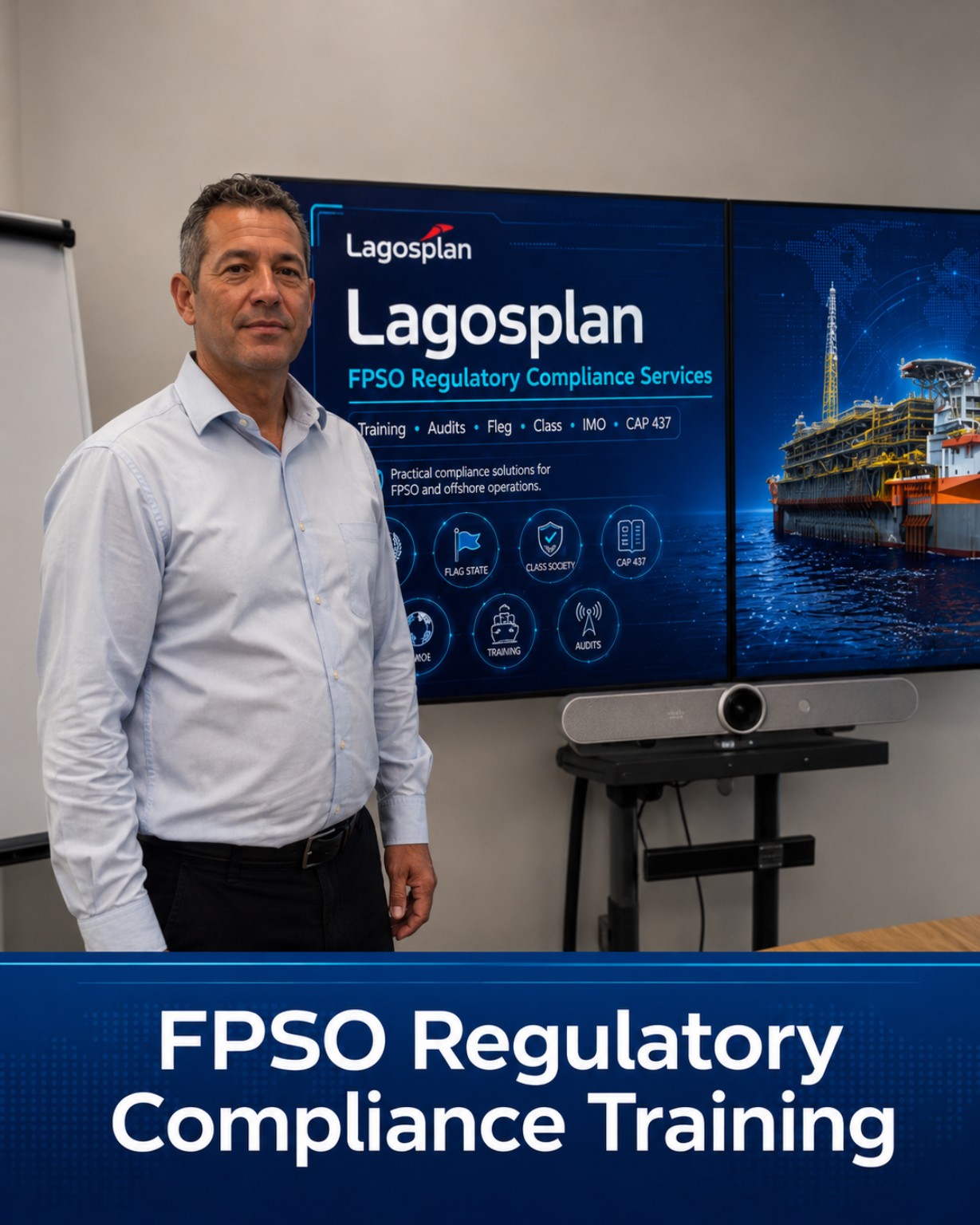 Humberto Palmeira beside a Lagosplan FPSO regulatory compliance training presentation