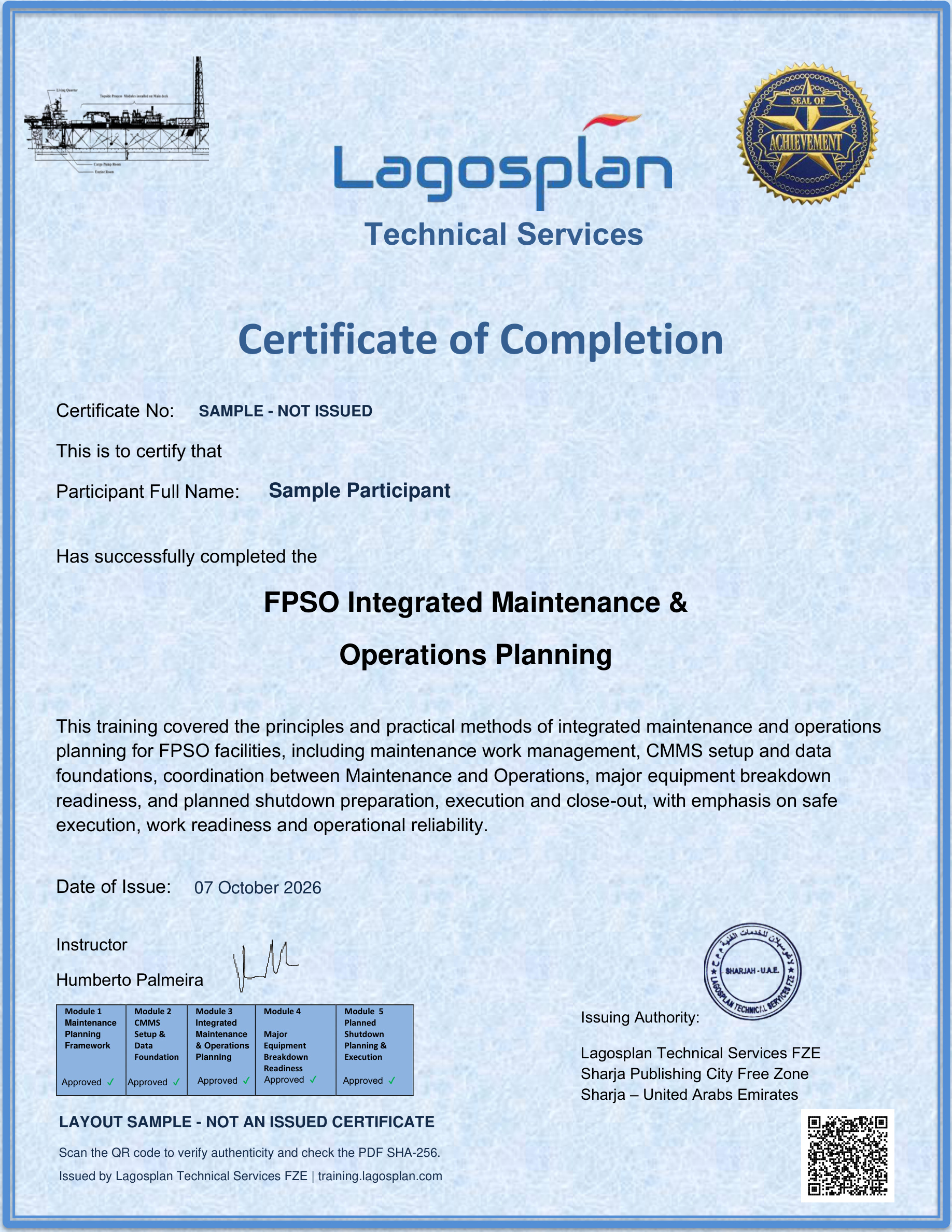 Non-issued Lagosplan certificate sample for FPSO Integrated Maintenance & Operations Planning.