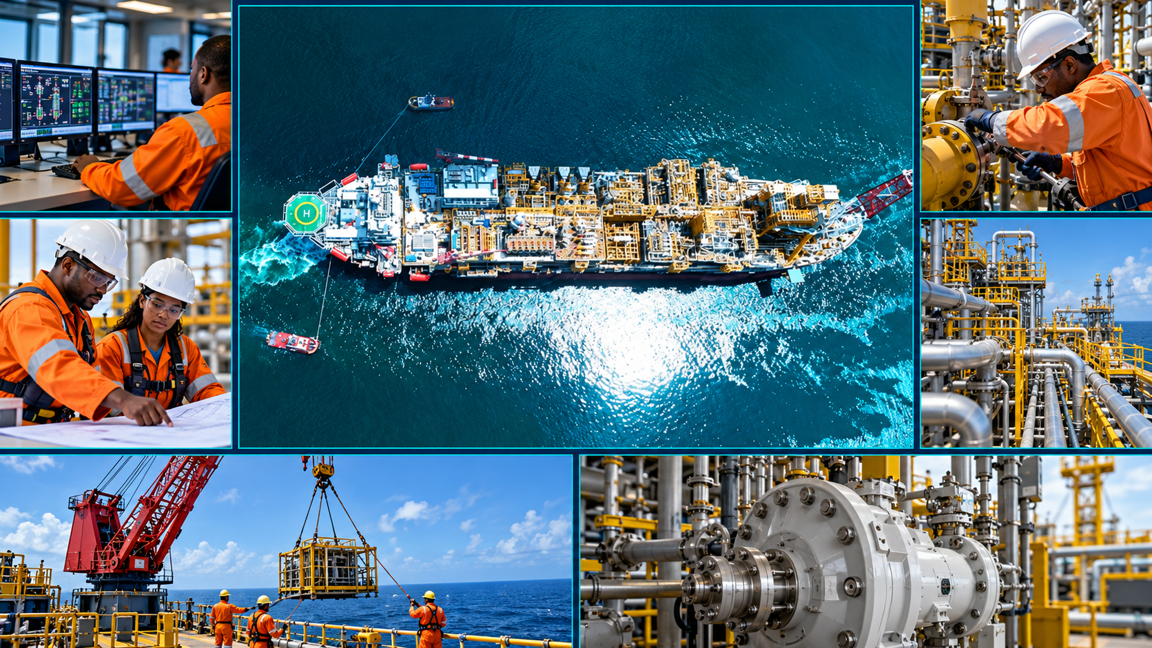 FPSO aerial view surrounded by offshore planning, maintenance and operations scenes